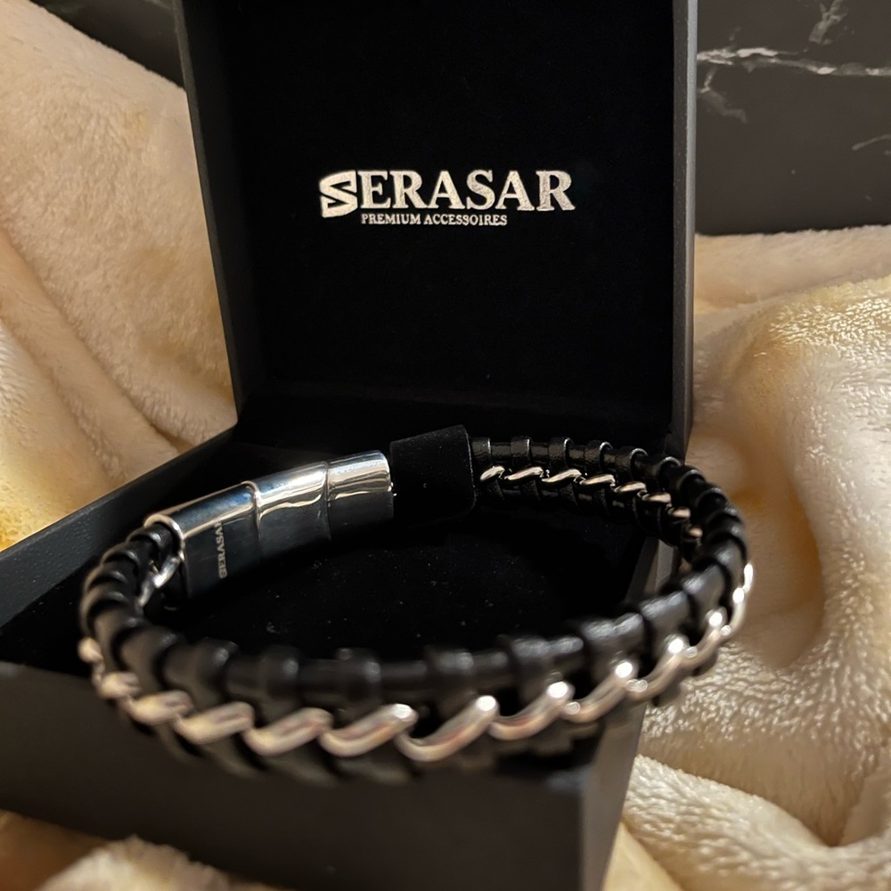 New Serasar African Bracelet for Men Braided Silver & Cowhide Leather